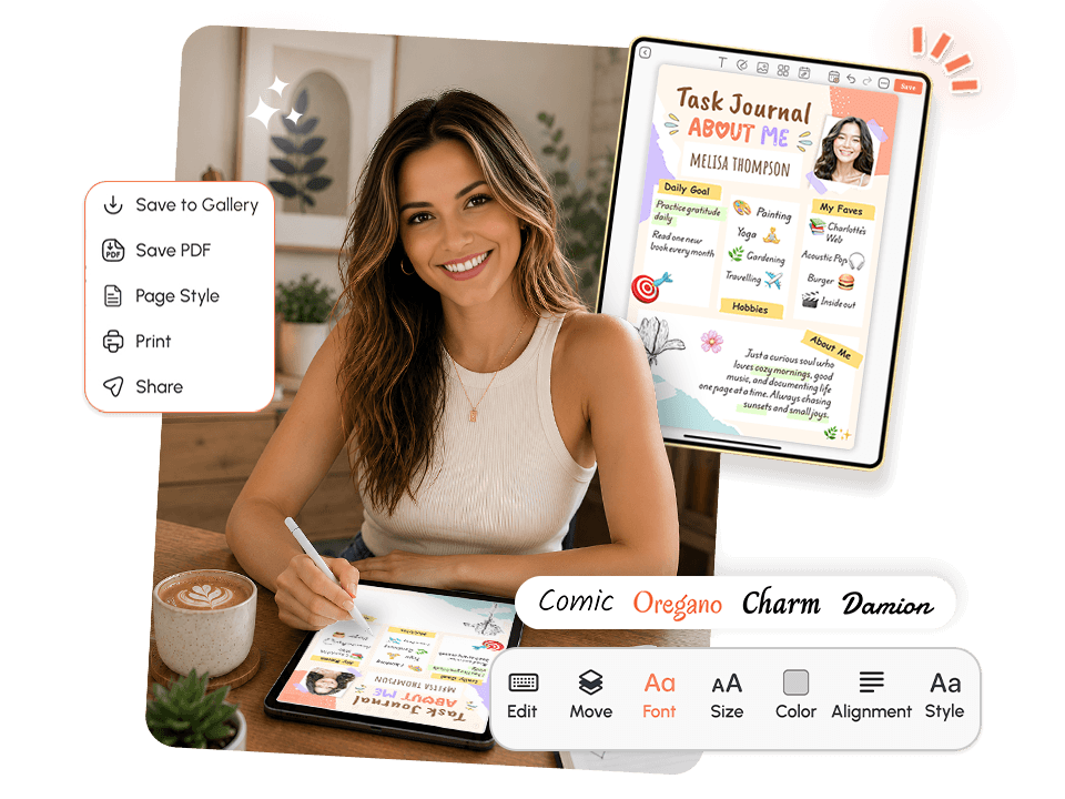 Woman customizing a Task Journal About Me template on tablet with font and editing tools in PlanWiz