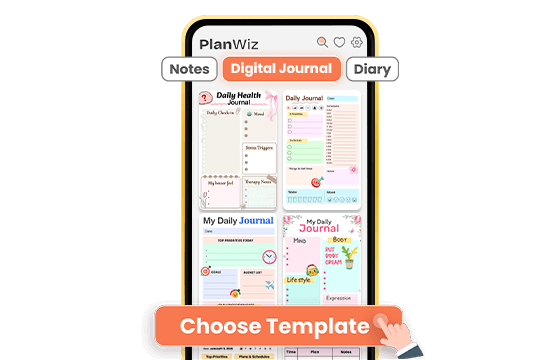 PlanWiz app showing multiple digital journal templates