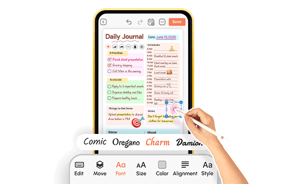 hand using stylus to edit digital journal template