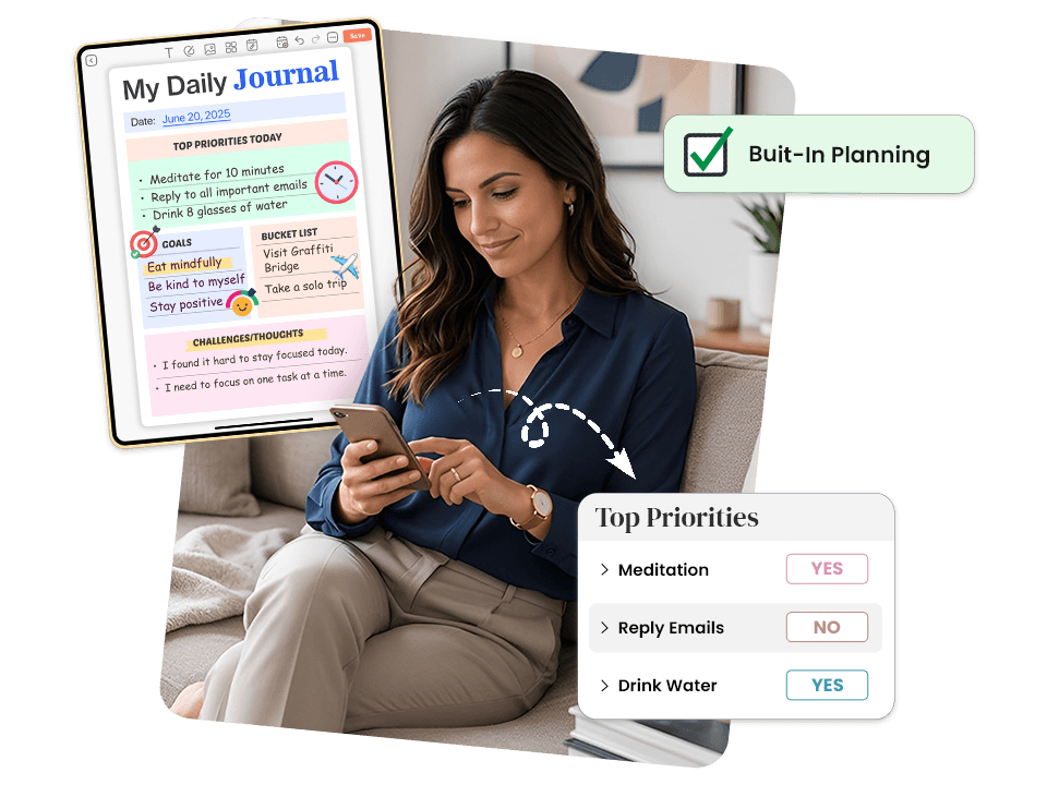 woman on phone with daily journal showing top priorities, goals, bucket list, and challenges
