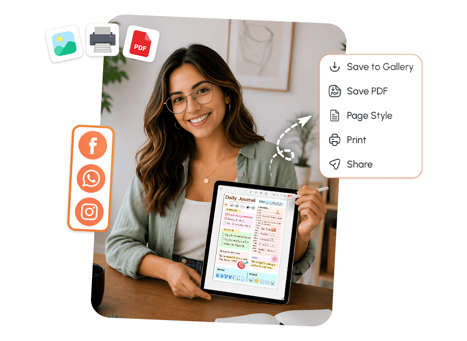 woman holding tablet with daily journal showing save as PDF, print, and social share options
