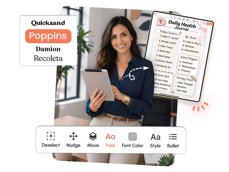 woman using tablet with daily health journal showing font, color, and style editing tools