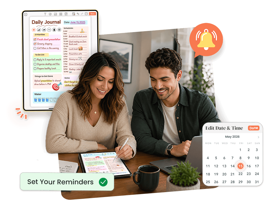 couple using tablet with daily journal showing schedule, to-do list, and date time reminder setup