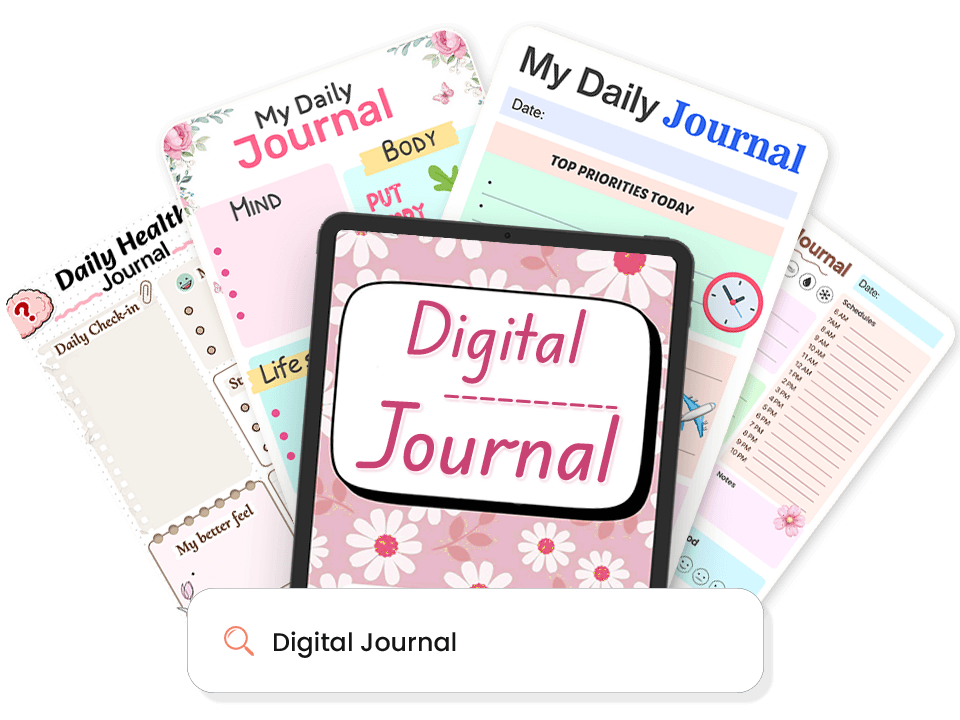 Collection of various digital journal templates surrounding a tablet displaying floral-patterned digital journal cover