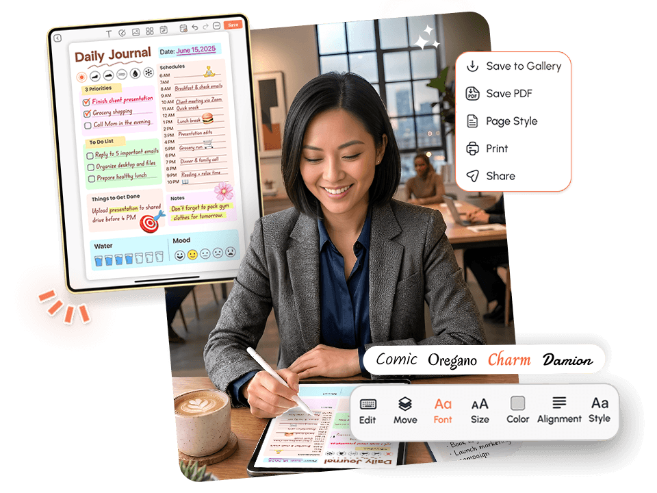 women using tablet with mood tracker showing priorities, schedule, and font editing options