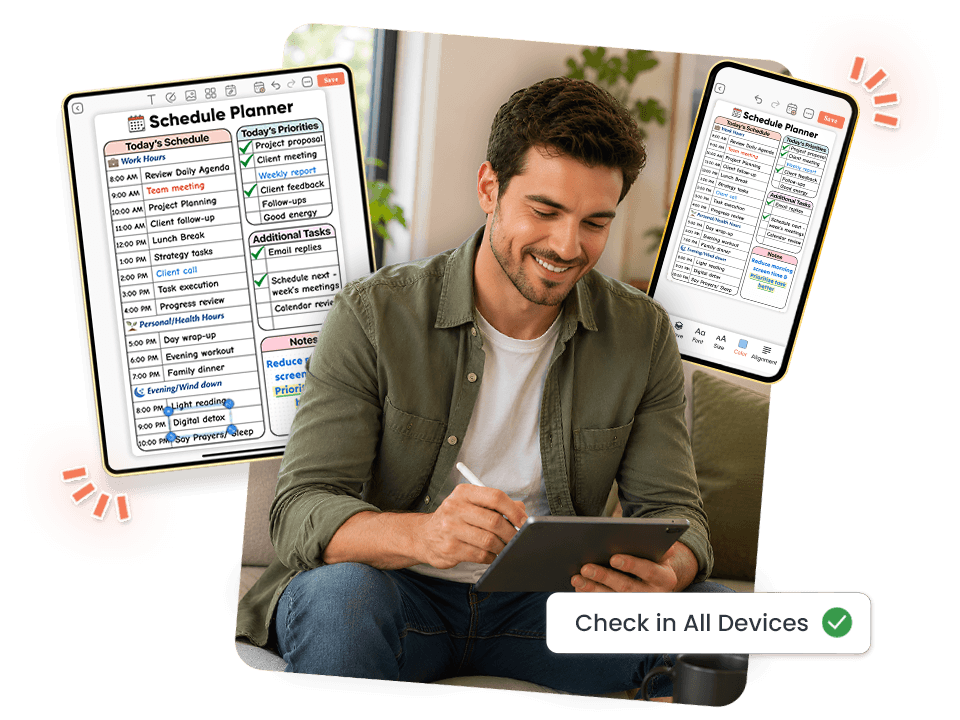 Man viewing schedule planner synced across multiple devices on iPad