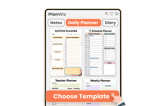 PlanWiz app screen showing browsable planner templates with Choose Template button