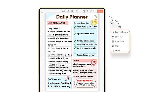 Completed daily planner view on iPad with schedule, priorities, and save options