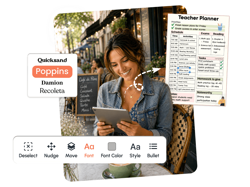 Woman customizing a teacher planner template with font and style tools on tablet