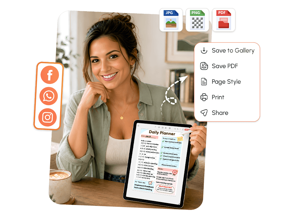  Woman holding iPad with daily planner open, showing save and share options in JPG, PNG, PDF