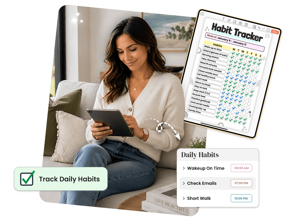 Woman tracking daily habits on iPad using a weekly habit tracker template