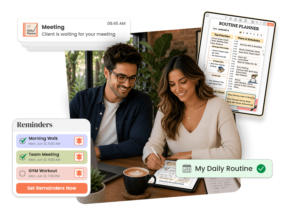 Couple using digital routine planner on iPad with reminders and daily schedule