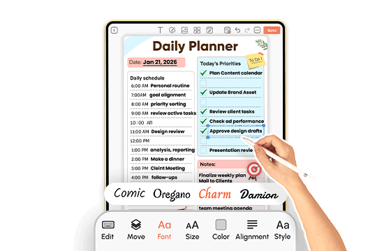 Daily planner template being edited with Apple Pencil, font options shown below