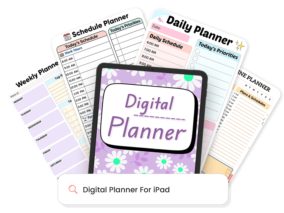 Digital planner template library showing daily, weekly, and schedule planner options on iPad