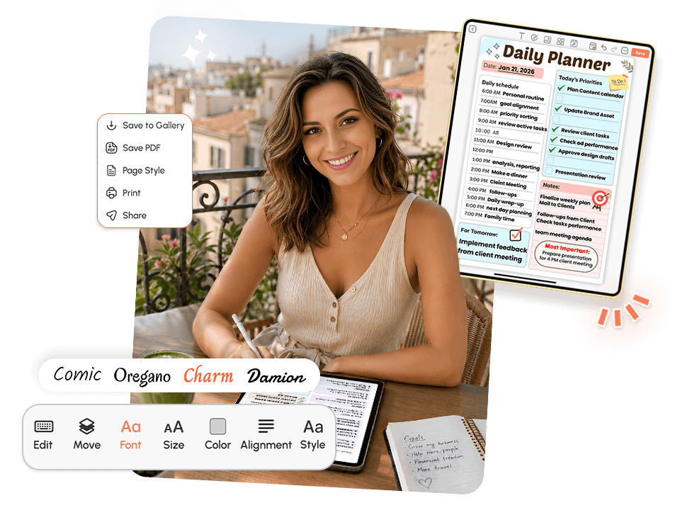 Woman using a digital daily planner on iPad with font and save options visible