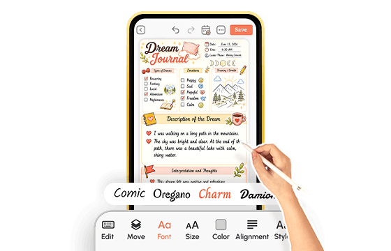 hand using stylus to edit dream journal template