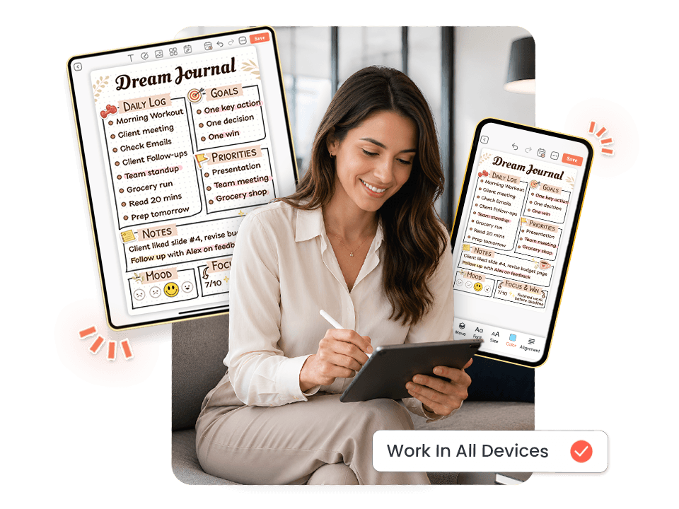 woman using tablet showing dream journal in both tablet and mobile views across all devices