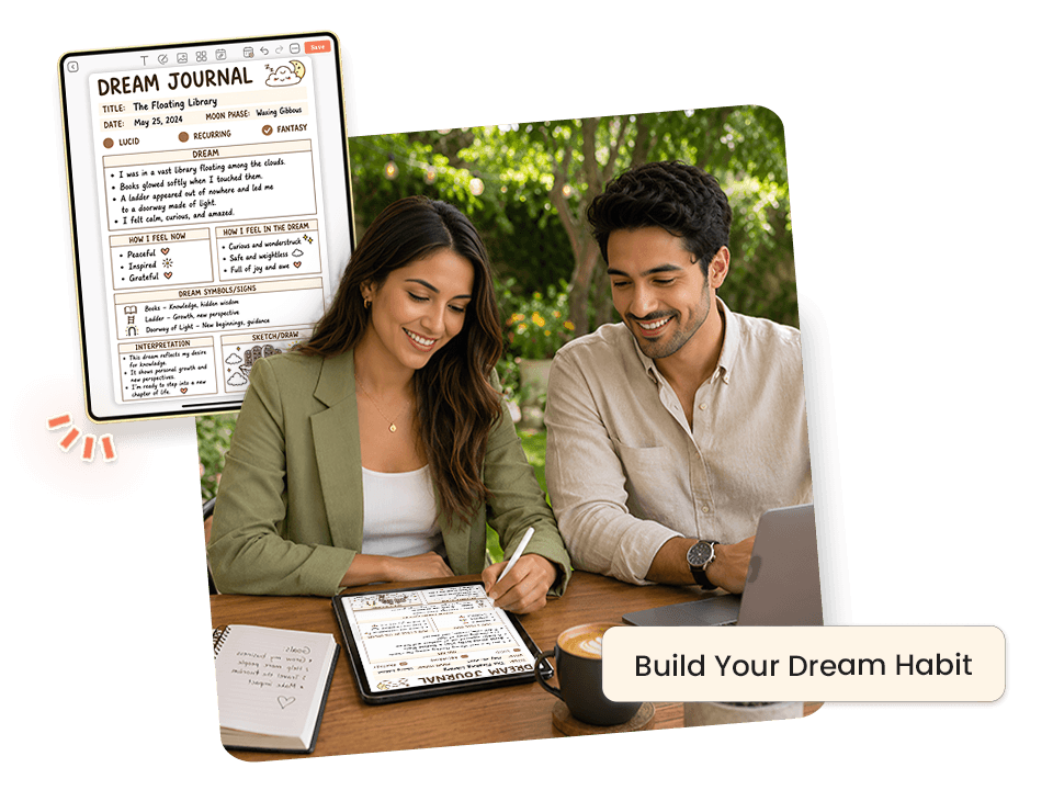 couple using tablet with dream journal showing lucid dream description, symbols, feelings, and interpretation