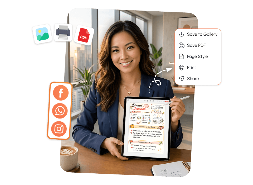 woman holding tablet with colorful dream journal showing save as PDF, print, and social share options