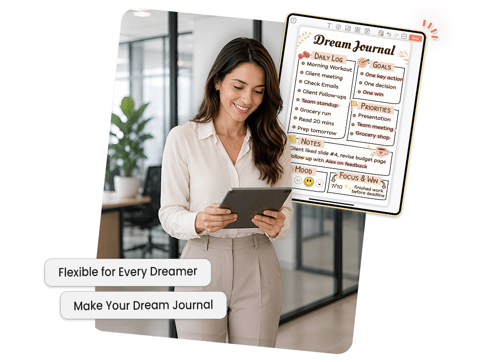 woman using tablet with dream journal showing daily log, goals, priorities, mood, and focus sections