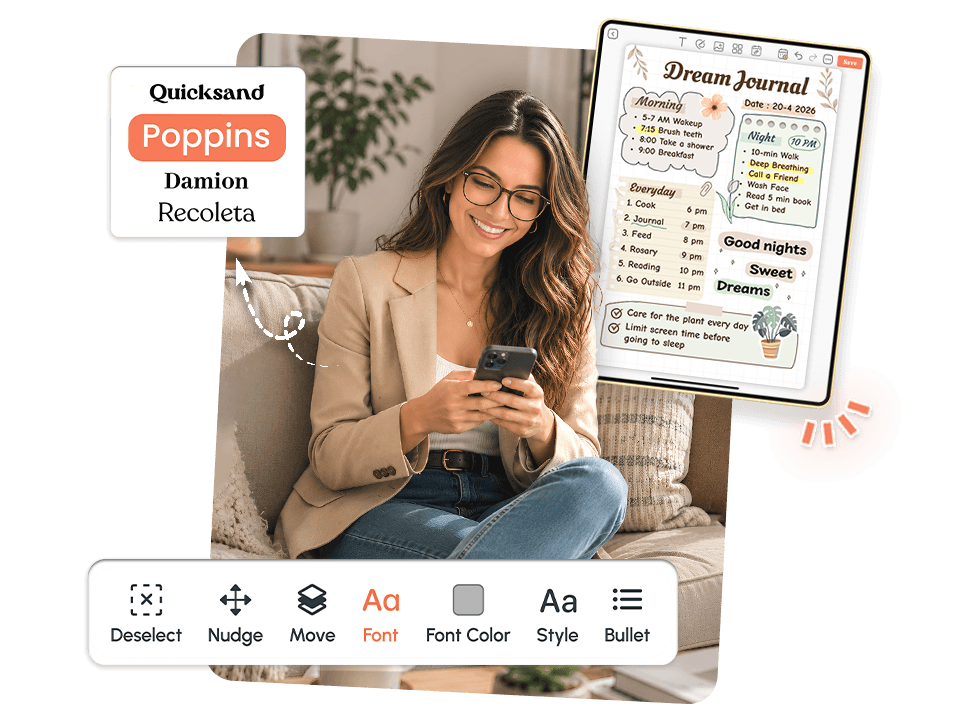 woman on phone with dream journal showing morning, night, everyday routine and font style editing tools