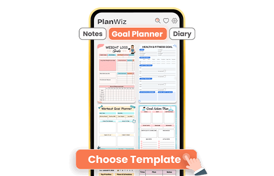 PlanWiz app showing multiple goal planner templates