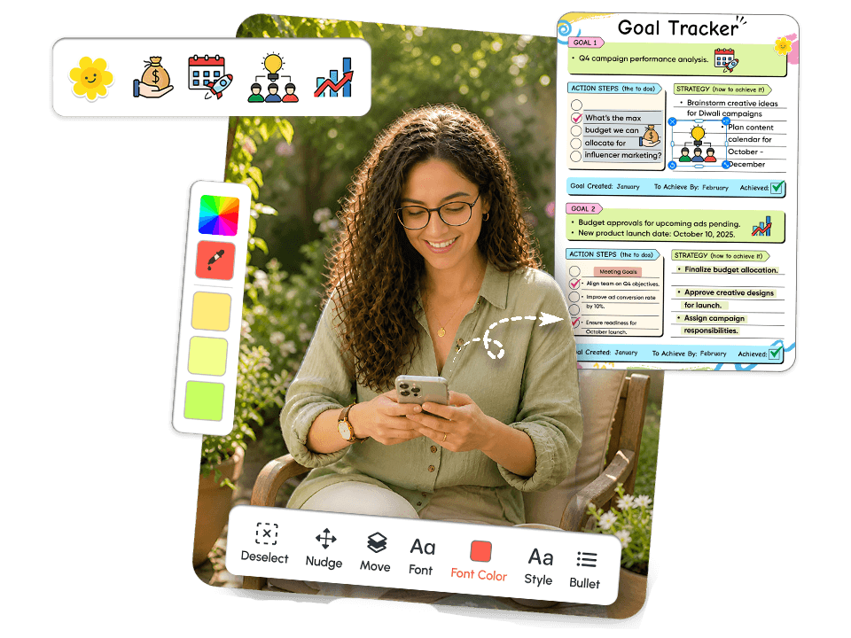 woman on phone with goal tracker showing action steps, strategy, and font color editing tools