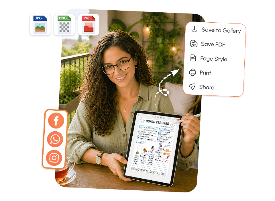 woman holding tablet with goals tracker showing save as JPG, PNG, PDF and social share options