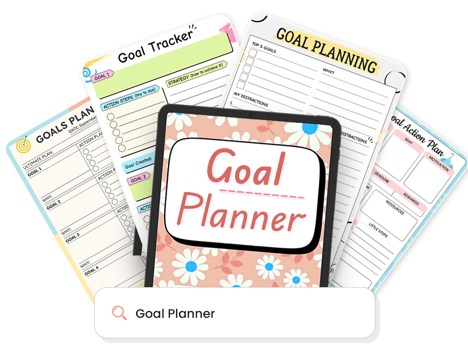 Collection of various goal templates surrounding a tablet displaying floral-patterned goal planner cover