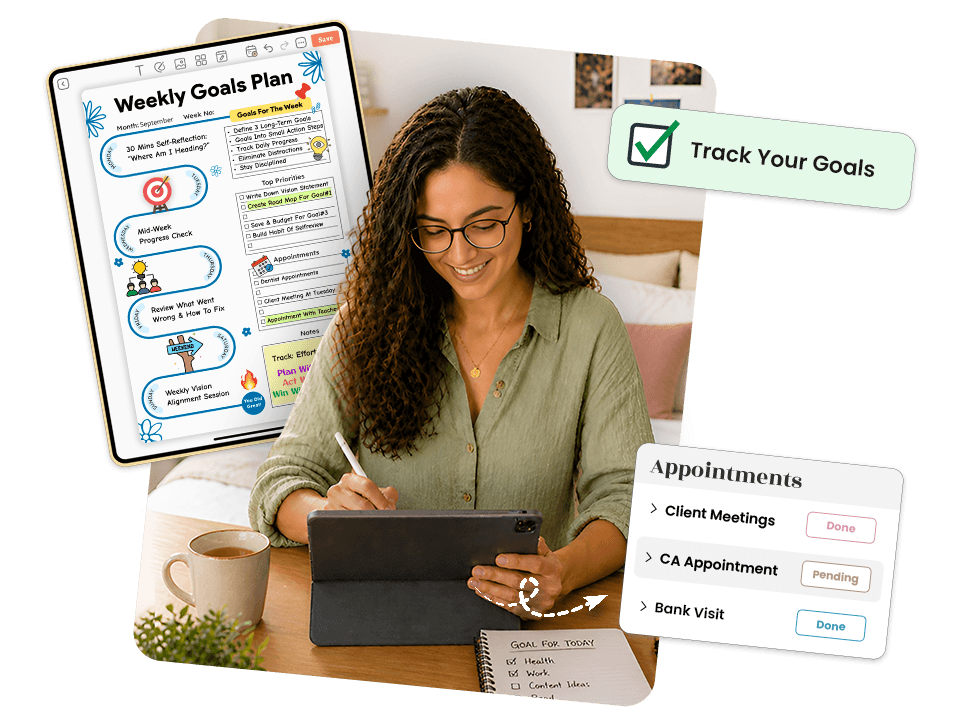 woman using tablet with weekly goals plan showing priorities, appointments, and progress tracking