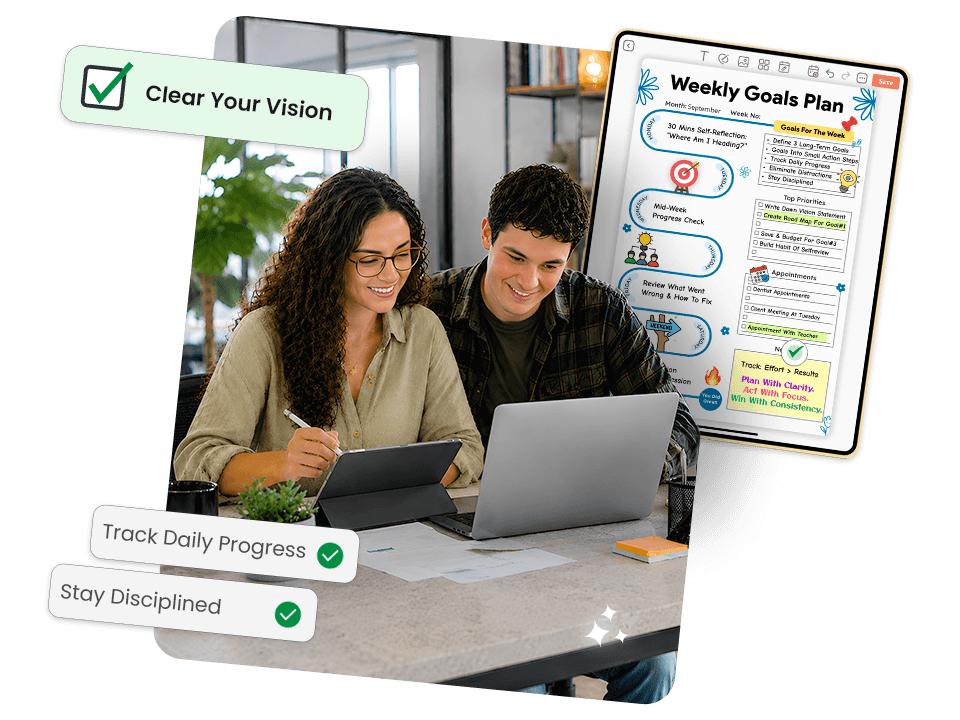 couple using laptop and tablet with weekly goals plan showing vision, daily progress, and discipline tracking