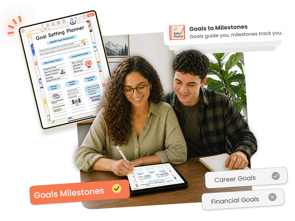 couple using tablet with goal setting planner showing short-term, long-term, career and financial goals