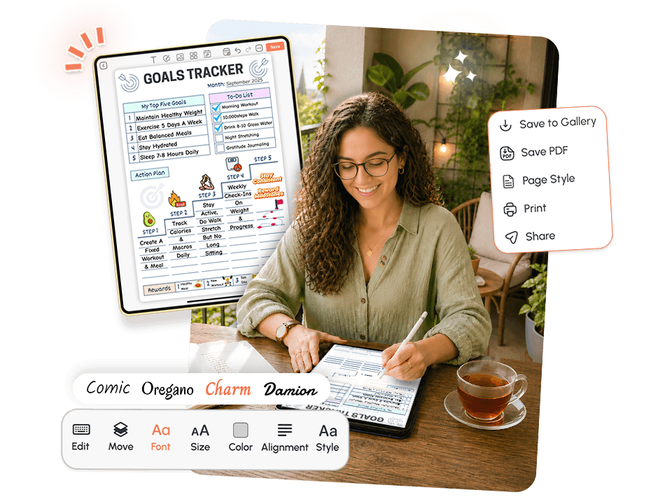 women using tablet with goal planner showing priorities, schedule, and font editing options
