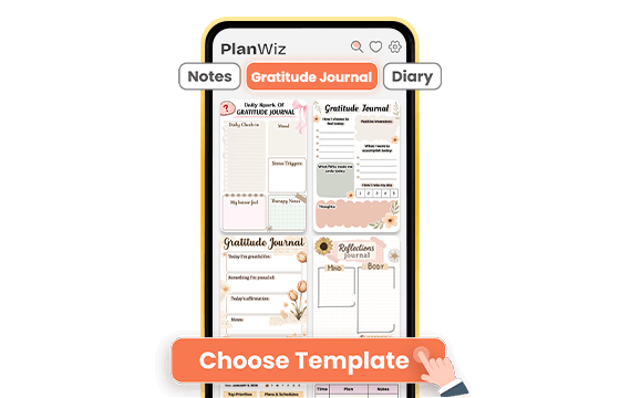 PlanWiz app showing multiple gratitude journal templates