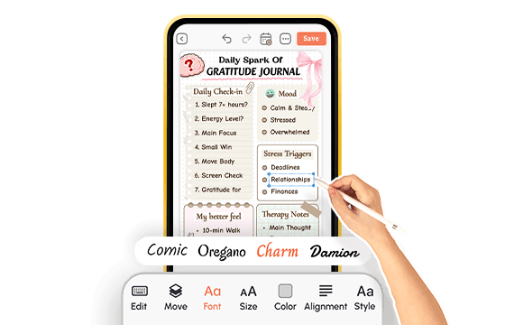 hand using stylus to edit gratitude journal template