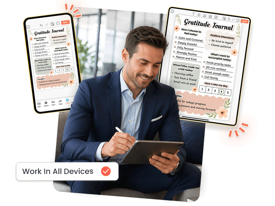 man using tablet showing gratitude journal in both mobile and tablet views across all devices