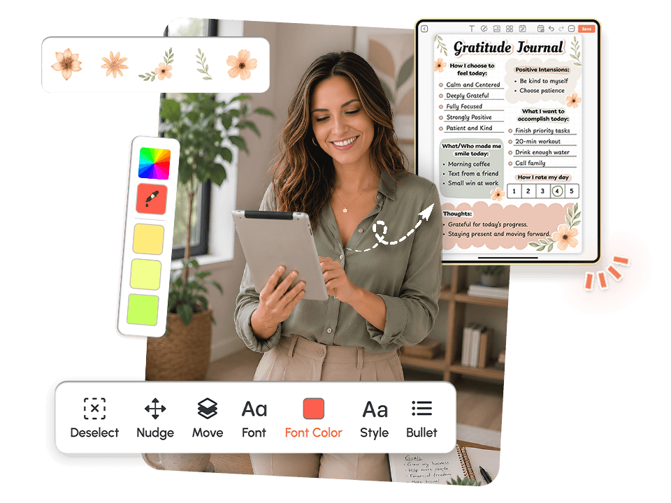 woman using tablet with gratitude journal showing floral stickers, color, and font editing tools