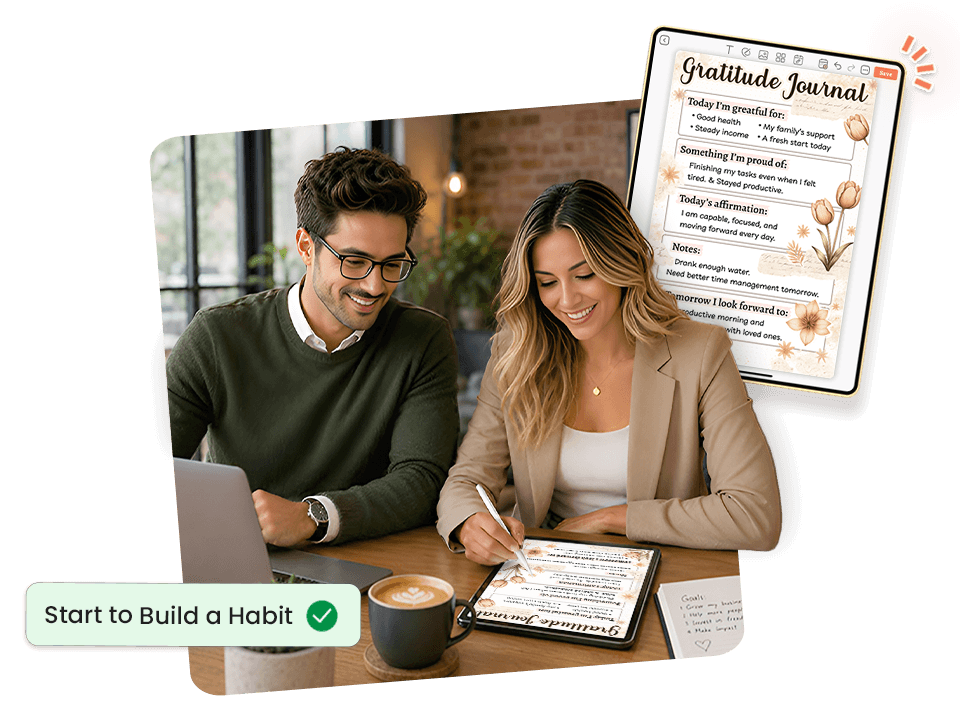 couple using tablet with gratitude journal showing daily gratitude, affirmations, and notes sections