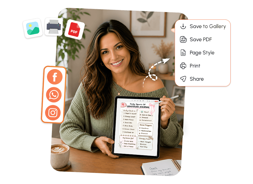 woman holding tablet with daily gratitude journal showing save as PDF, print, and social share options