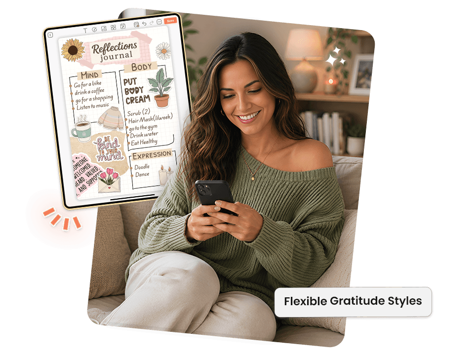 woman on phone with reflections journal showing mind, body, and expression sections with floral design