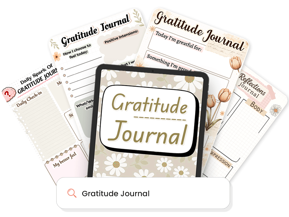 Collection of various gratitude journal templates surrounding a tablet displaying floral-patterned gratitude journal cover