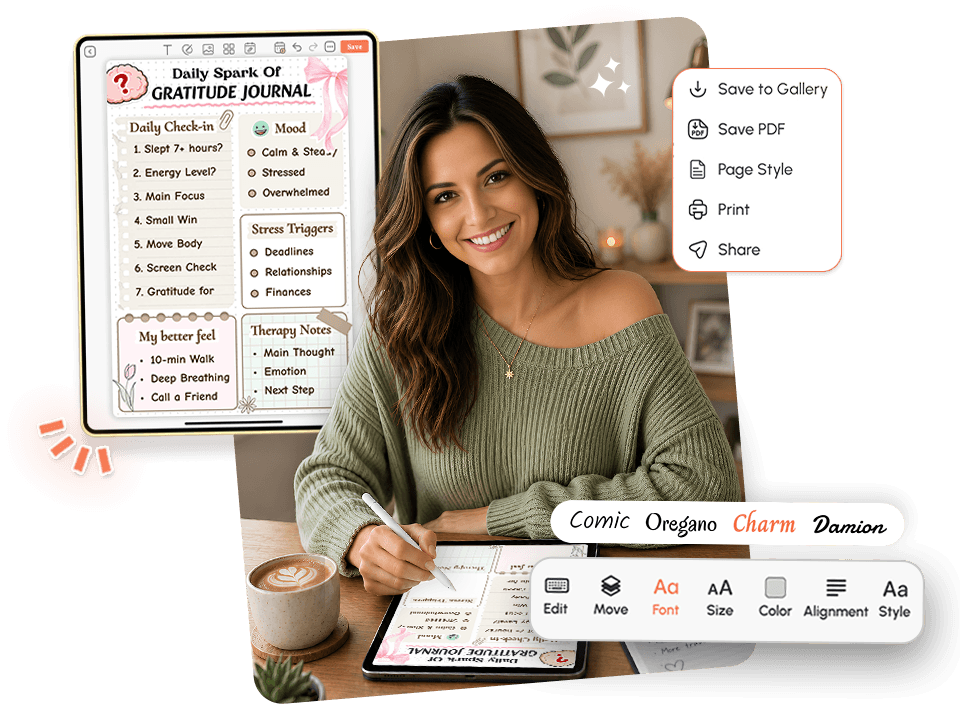 women using tablet with gratitude journal showing priorities, schedule, and font editing options