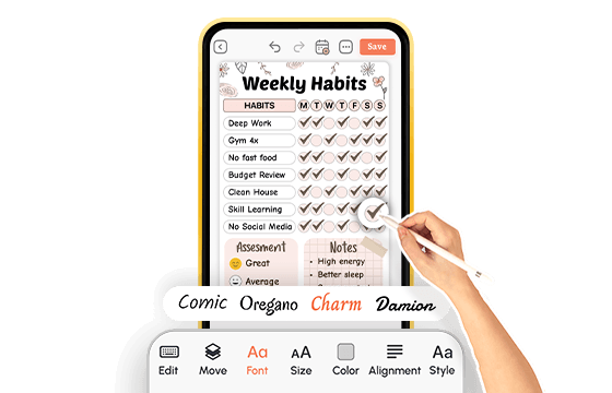 hand using stylus to edit habit tracker template