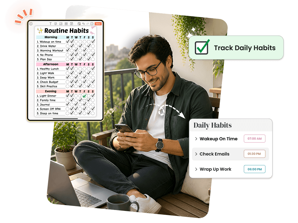 man on phone with routine habits planner showing daily habits schedule for wakeup, emails, and work