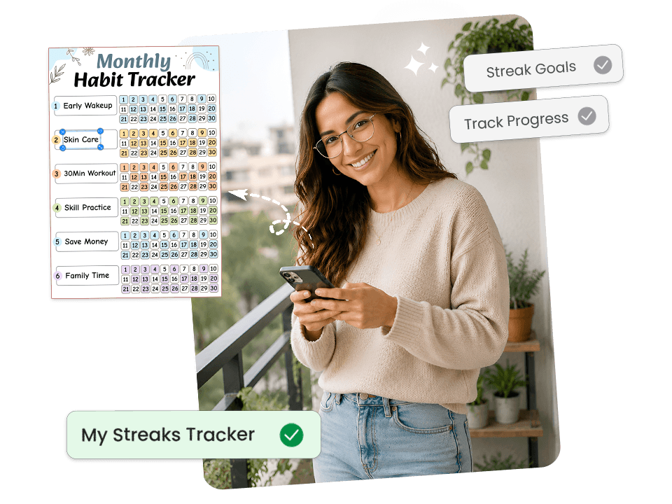 woman on phone with monthly habit tracker showing streak goals and progress tracking for daily habits