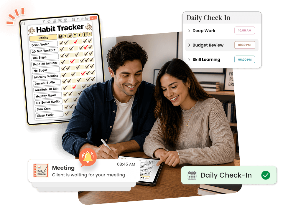 couple using tablet with habit tracker showing daily check-in for deep work, budget review, skill learning