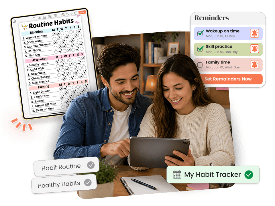 couple using tablet with routine habits showing morning, afternoon, evening reminders and healthy habit tracking