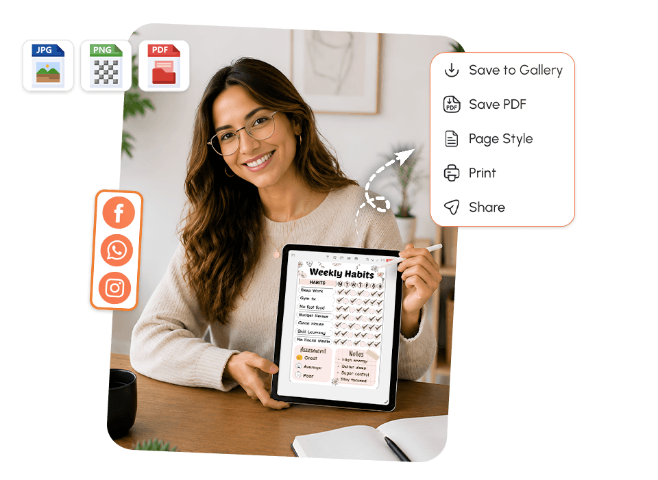 woman holding tablet with weekly habits tracker showing save as JPG, PNG, PDF and social share options