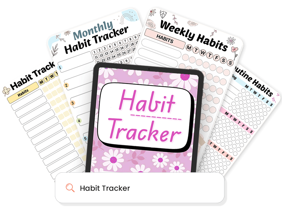 Collection of various habit tracker templates surrounding a tablet displaying floral-patterned habit tracker cover
