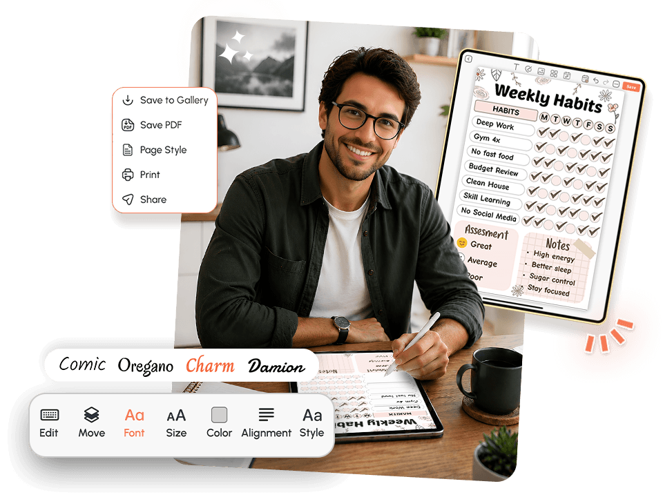 person using tablet with monthly calendar planner showing priorities, schedule, and font editing options